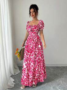 Elenzga 新款女式数码印花泡泡袖蕾丝前开襟收腰优雅连衣裙，适合约会、度假，优雅 - 紅色 - 查看 4