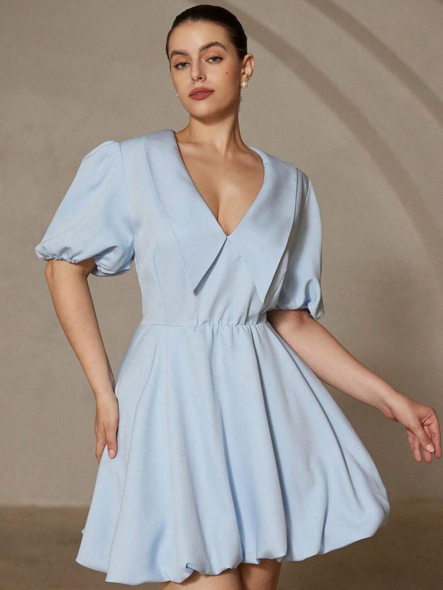 SHEIN Unity French Retro Sky Blue Summer Dress Elegant Tea Party V-Neck Puff Sleeve Waisted Ruffle Hem Flattering Short Dress Women Old Money Style Fashionable - Blue - View 1