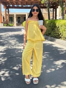 Nova Glow Tween Girl 2pcs Solid Color Ruffle Hem Crop Top And Pants Set - Yellow - View 1