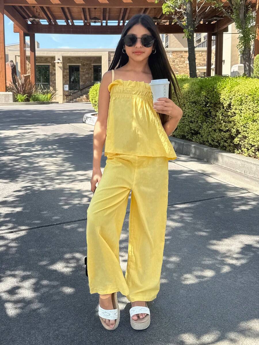 Nova Glow Tween Girl 2pcs Solid Color Ruffle Hem Crop Top And Pants Set - Yellow - View 1