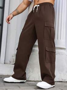 Manfinity Homme Plus Size Men's Solid Color Cargo Pockets Casual Loose Fit Pants, Fall - Coffee Brown - View 5