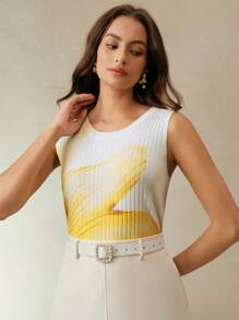 Anewsta 女士优雅现代花卉针织背心 - 黃色 - 查看 4