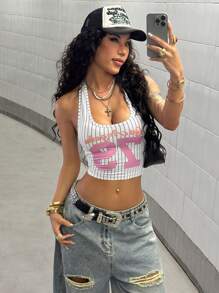 StreetHx 条纹英文文字图案街头风格背心，夏季时尚 - 彩色 - 查看 4