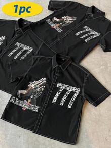 PAVTROS Manfinity Streetrush 男士休闲摇滚朋克嘻哈街头风黑色印花Y2K短袖衬衫，饰有“777”仿钻宝石印花，街头嘻哈 - 黑色 - 查看 4