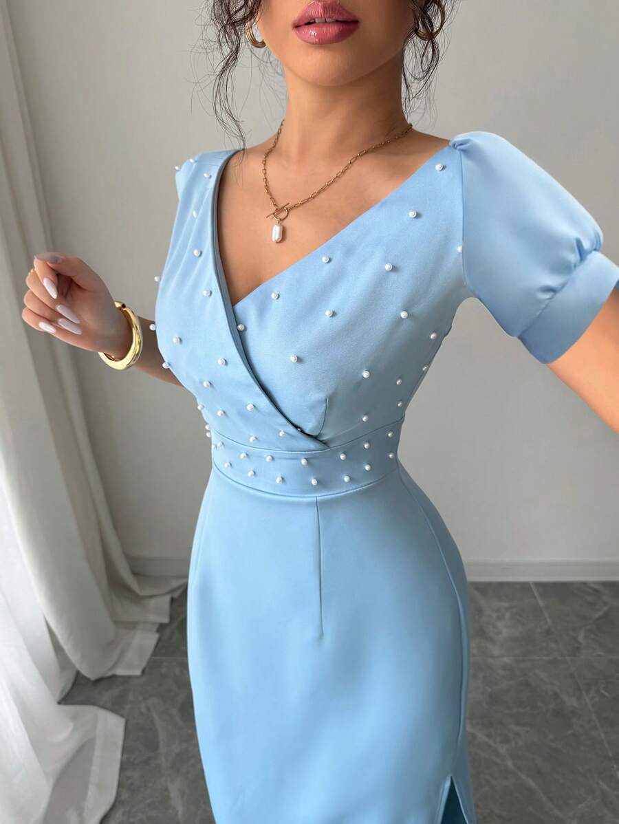 Elenzga 优雅纯色串珠装饰侧开衩连衣裙，夏季