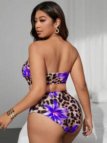 Swim Lushoire Plus Size Leopard & Tropical Floral Random Print Swimsuit Set For Summer Beach Vacation - Purple - View 2