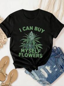 Calvaya Camiseta de cuello redondo de manga corta con estampado de hojas y eslogan, talla grande para mujer