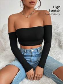 SHEIN PETITE Solid Off Shoulder Crop Off Shoulder Top