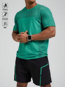 Manfinity Sport Polished Conjunto de ropa deportiva de 2 piezas para hombre con Top de cuello redondo de manga corta en verde y pantalones cortos negros - Conjunto de ropa para entrenamiento, correr