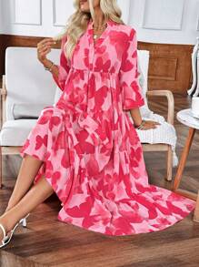 SHEIN LUNE 花卉印花中袖宽松休闲舒适女式长裙，迷人的海滩度假装，狂欢装，女士夏季服装，女士太阳裙，度假裙，波西米亚风女装