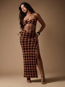 MISSGUIDED Plaid Pattern Cut Out Knitted Maxi Dress Evening Gown Side Slit Crystal Ring Detail High Fashion Formal Dress Special Occasion Wear - Brown - View 5