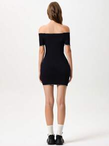 Menodora SHEIN Sport Lässiges Strick-Minikleid mit Bootausschnitt und kurzen Ärmeln, einfarbig, körperbetonter Schnitt für Damen - Schwarz - Übersicht 3