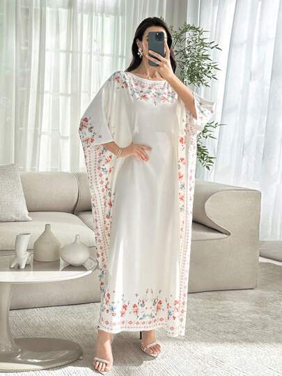 Al Najma 绿松石圆领印花长款束腰外衣，春夏季，朴素的卡夫坦