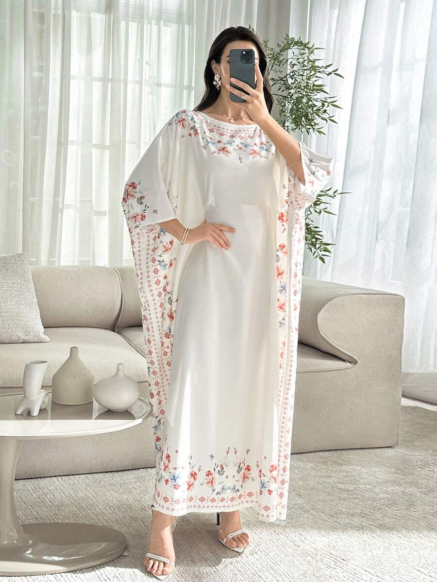 Al Najma 绿松石圆领印花长款束腰外衣，春夏季，朴素的卡夫坦 - 彩色 - 查看 1