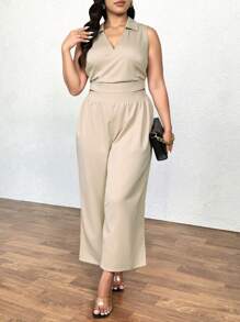 SHEIN Clasi Mono elegante de pierna ancha sin mangas de unicolor para mujer talla grande - Albaricoque - Ver 6