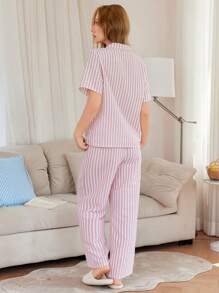 Dream Adore 女士休闲条纹领短袖睡衣套装 - 淺粉色 - 查看 2