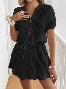 SHEIN Frenchy Mono con cintura anudada, dobladillo con volantes y unicolor minimalista para mujer, de verano