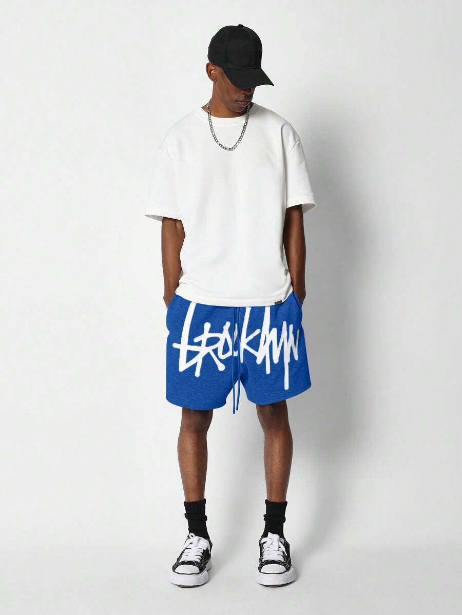 SUMWON Casual Athletic Drawstring French Terry Printed Logo Lounge Basketball Shorts Streetwear Urban Graffiti Style - Royal Blue - View 1