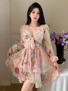 DAZY 法式碎花V领长袖连衣裙，春季女装，系带雪纺A字迷你连衣裙，优雅度假装扮 - 粉色 - 查看 3