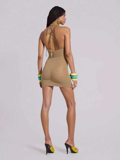 Vestido de vacaciones de mini largo, tejido a ganchillo, con cuello halter y perlas, de estilo Y2K sexy