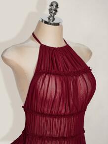 SHEIN ICON 加大码露背网眼透视上衣，Y2K 性感露背露背上衣，适合夏季、约会、外出上衣女士 - 酒紅色 - 查看 6