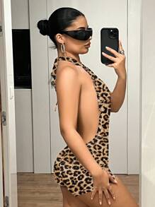 SHEIN ICON Mono casual y sexy de mujer con espalda descubierta y cuello anudado, con estampado de leopardo, adecuado para el verano
