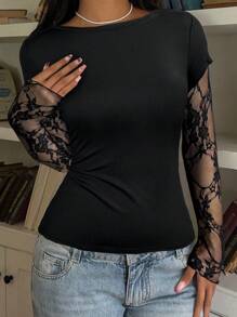 CovetEZ Áo len dệt kim dài tay chắp vá ren đen cho nữ, thường ngày mùa hè - màu đen - Xem 6