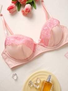 Women's Elegant Lace Patchwork Underwire Lingerie Bra, Kawaii - Pink - View 5