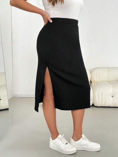 SHEIN Essnce Plus Size Women's Spring And Summer Fashion Casual Basic Daily Versatile High Elastic Texture Fabric Black High Slit Skirt, Minimalist Style, Sexy Skirt,Women Bottom,Going Out Outfits,European Summer