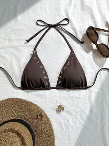 Swim Vcay Women's Solid Color Backless Halter Swimwear Top With Starfish Decor, Suitable For Beach Vacation For Summer