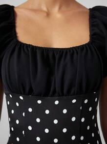 ROMWE Avant Retro Polka Dot Low-Cut Puff Sleeve Fitted Mini Dress, Vacation/Holiday Style - Black - View 4