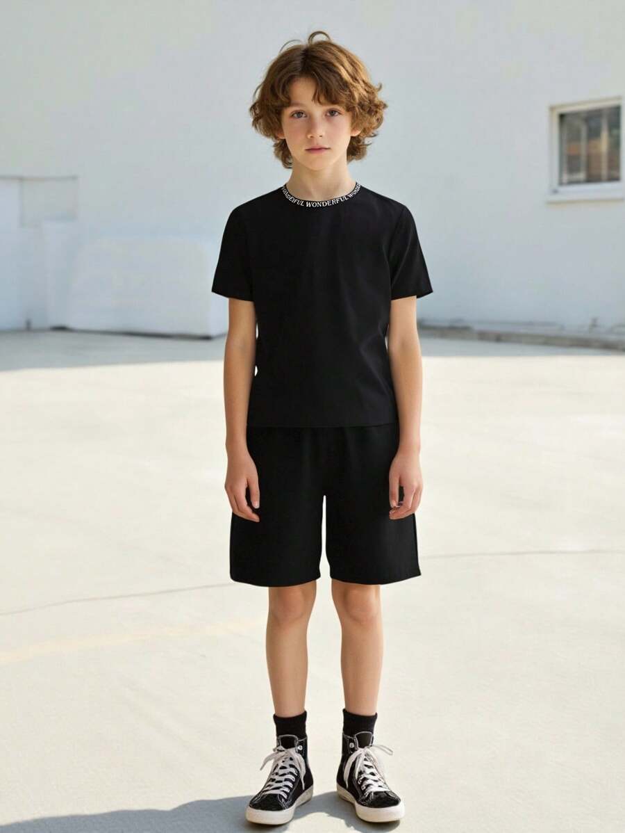 SHEIN Tween Boy Letter Graphic Tee & Shorts - Black - View 1