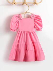 SHEIN 年轻女孩珍珠设计方领泡泡袖可爱连衣裙 - 玫紅色 - 查看 1