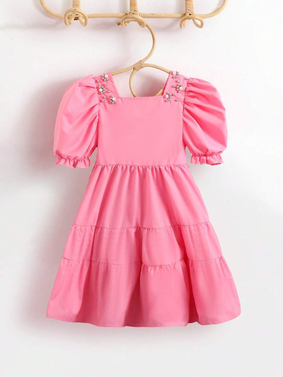 SHEIN 年轻女孩珍珠设计方领泡泡袖可爱连衣裙 - 玫紅色 - 查看 1