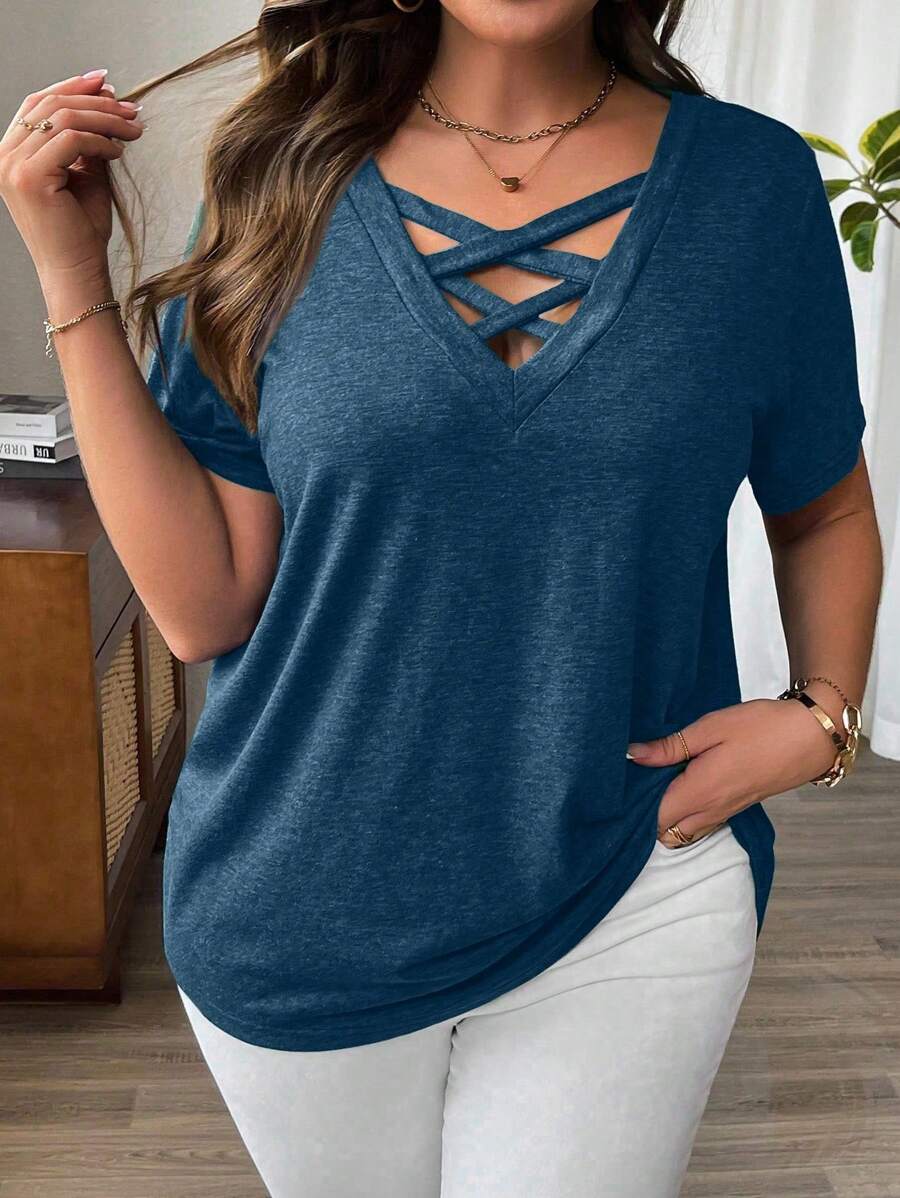EMERY ROSE 大码女式夏季短袖针织交叉领T恤 - 藍色 - 查看 1