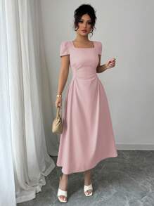 Elenzga Women's Elegant French Style Casual Commuting Vacation Afternoon Tea Solid Color Square Collar Waist Slimming Chic Puff Sleeve Mid-Calf Length Dress, Spring & Summer