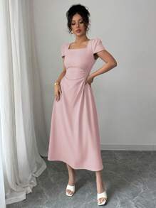 Elenzga Women's Elegant French Style Casual Commuting Vacation Afternoon Tea Solid Color Square Collar Waist Slimming Chic Puff Sleeve Mid-Calf Length Dress, Spring & Summer