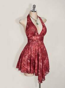 SHEIN ICON Plus Size Halter V-Neck Knitted Mesh Paisley Print Dress, Asymmetric Hem Halter Backless Tie Dress, Y2K, Summer Vacation, Boho Chic,Club Outfits Women Sexy