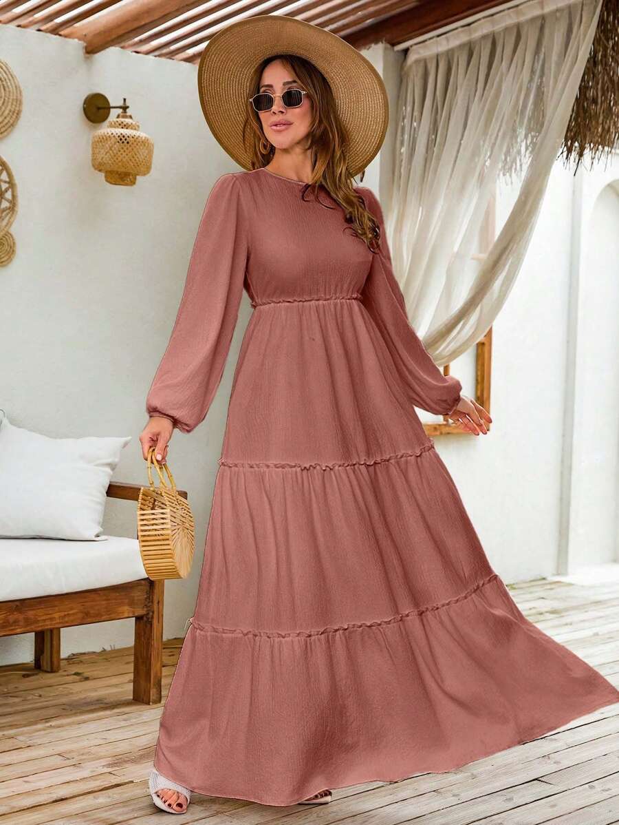 EURMUSE LANTERN LONG SLEEVE LAYERED LONG DRESS - Rusty Rose - View 1