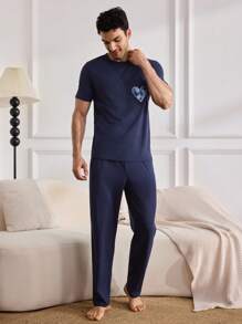 Comfortable Short Sleeve Tee And Long Pants Heart Denim Pajamas Set For Men - Navy Blue - View 5
