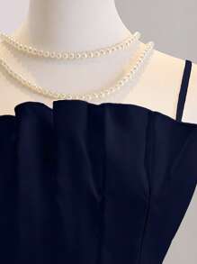 Elegant Sleeveless High Waist Maxi Solid Pleated Dress For Teens & Girls, Suitable For Wedding & Formal Events, White Series - Navy Blue - View 4