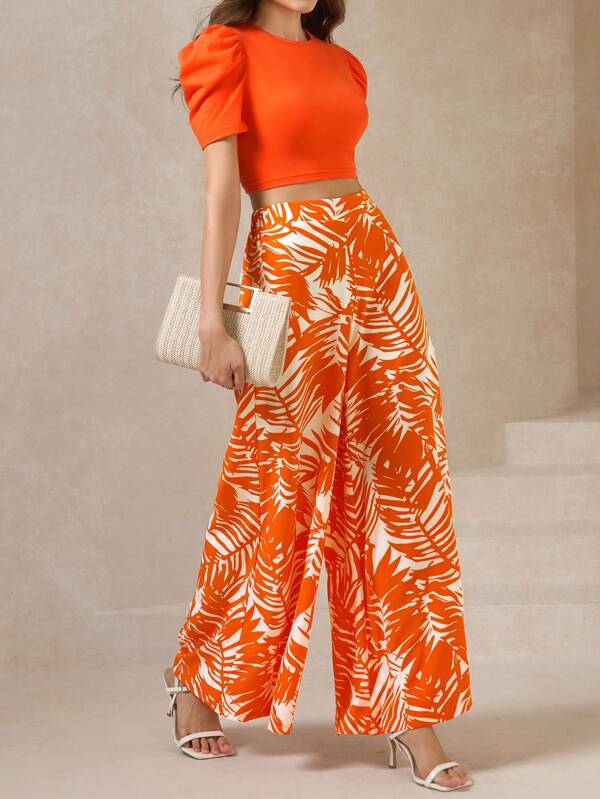 Amorya 2 buc/Set femei eleganti cu imprimeu floral pantaloni largi si top tricotat, portocaliu, primavara/vara