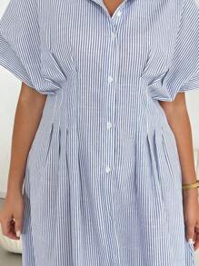 Auralis Đầm midi thời trang xuân hè cỡ lớn cho nữ, thoải mái hàng ngày, áo sơ mi cài nút eo màu xanh và trắng, trang phục công sở, trang phục làm việc, phong cách tiền bạc xưa, phong cách đơn giản, mùa hè châu Âu, trang phục làm việc cho phụ nữ, trang phục công sở cho phụ nữ - Màu xanh lam - Xem 5