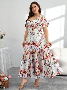 Modelyn Plus Size Long Spring/Summer Rhinestone Ruffle Hem Romantic Floral Print A-Line Elegant Maxi Dress - Multicolor - View 3