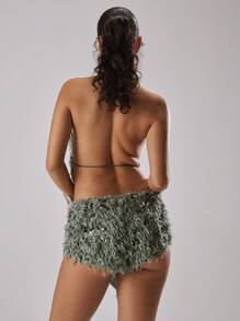 MUSERA 蓬松亮片高领露背不对称系带上衣，假日、度假、伊比沙岛、音乐节、锐舞派对、酷女孩、落难少女风外出上衣、俱乐部派对秋季