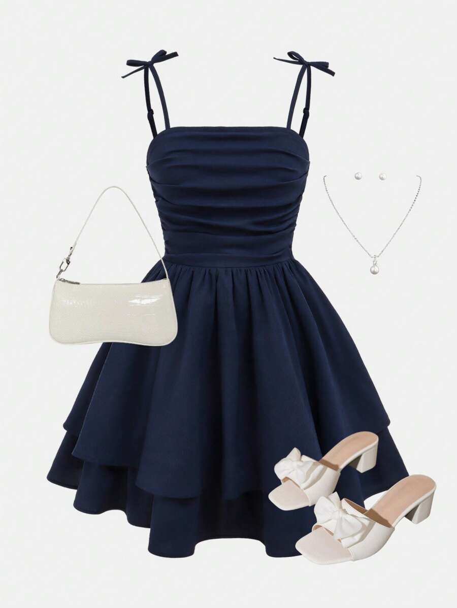 SHEIN Girlism 少女梭织素色荷叶边多层泡泡褶皱下摆休闲无袖连衣裙 - 藏蓝色 - 查看 1