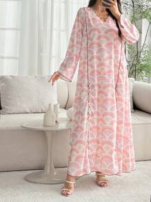 SHEIN Najma 2025春夏中东沙特阿拉伯长袍，时尚印花迪拜印度尼西亚长袍，朴素 - 粉色 - 查看 7