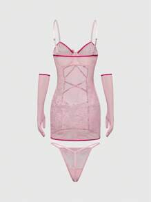 ROMWE Kawaii 性感荷叶边下摆交叉镂空内衣裙套装（带手套）（女款） - 粉色 - 查看 3