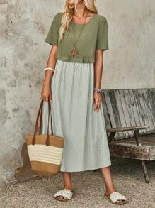 EMERY ROSE 女式夏季条纹圆领短袖休闲中长连衣裙 - 綠色 - 查看 7