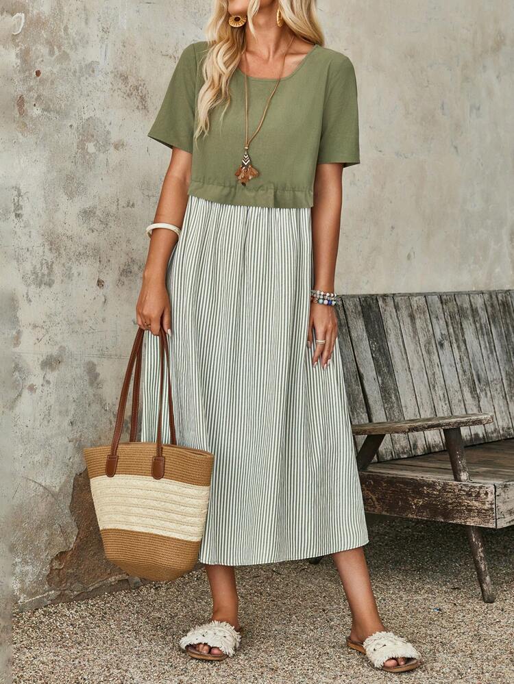 Women's Summer Stripe Round Neck Short Sleeve Casual Mid-Calf Dress